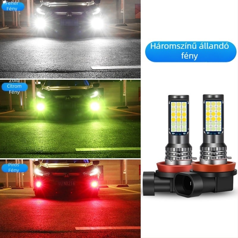 Háromszínű 3030 LED autóködlámpa, H3/H8/H11 kompatibilis – elülső ködlámpa izzó villogó funkcióval