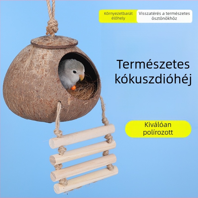 Kókuszdióhéjból készült madárfészek kis madarak számára; fűből szőtt meleg fészek; madárjátékok és kiegészítők