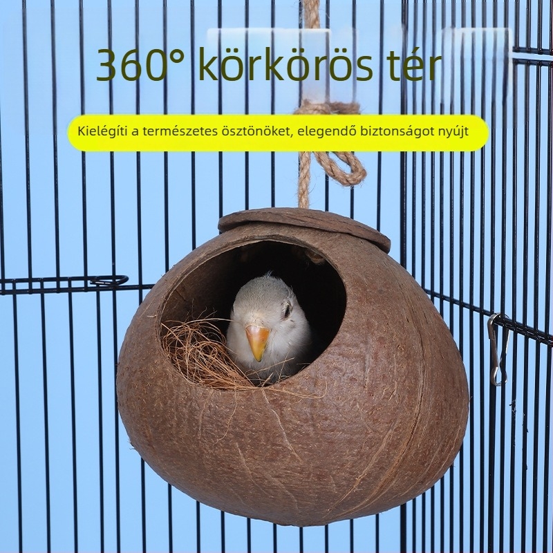 Kókuszdióhéjból készült madárfészek kis madarak számára; fűből szőtt meleg fészek; madárjátékok és kiegészítők