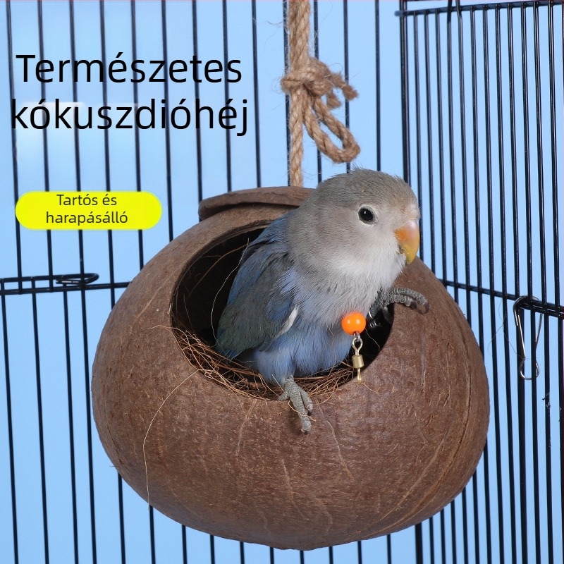 Kókuszdióhéjból készült madárfészek kis madarak számára; fűből szőtt meleg fészek; madárjátékok és kiegészítők