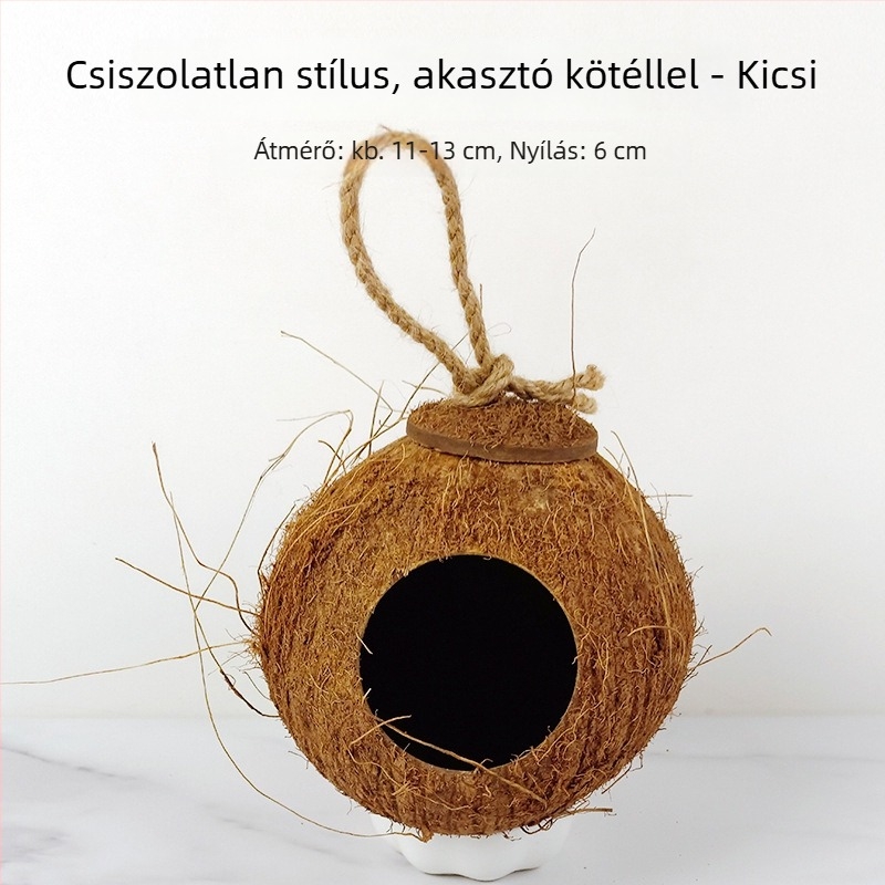 Kókuszdióhéjból készült madárfészek kis madarak számára; fűből szőtt meleg fészek; madárjátékok és kiegészítők