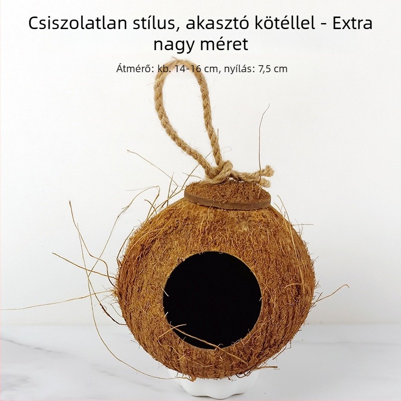 Kókuszdióhéjból készült madárfészek kis madarak számára; fűből szőtt meleg fészek; madárjátékok és kiegészítők