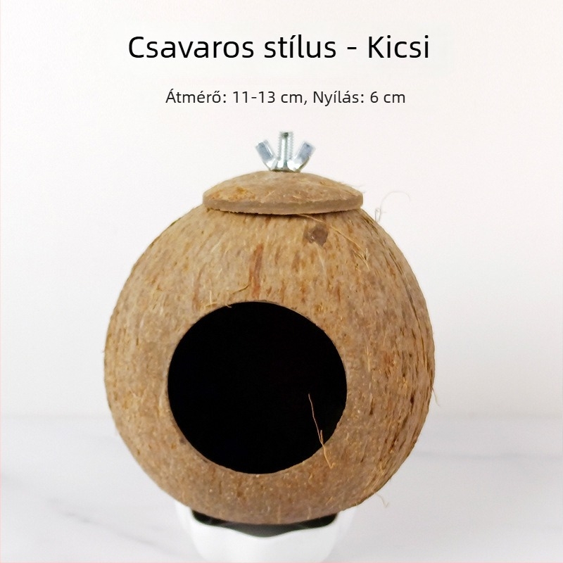 Kókuszdióhéjból készült madárfészek kis madarak számára; fűből szőtt meleg fészek; madárjátékok és kiegészítők