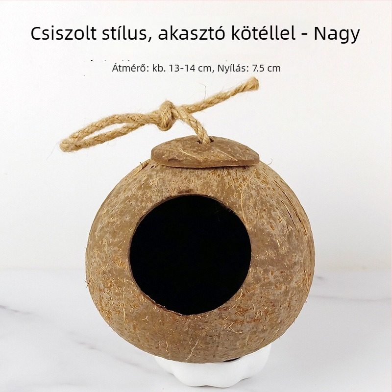 Kókuszdióhéjból készült madárfészek kis madarak számára; fűből szőtt meleg fészek; madárjátékok és kiegészítők