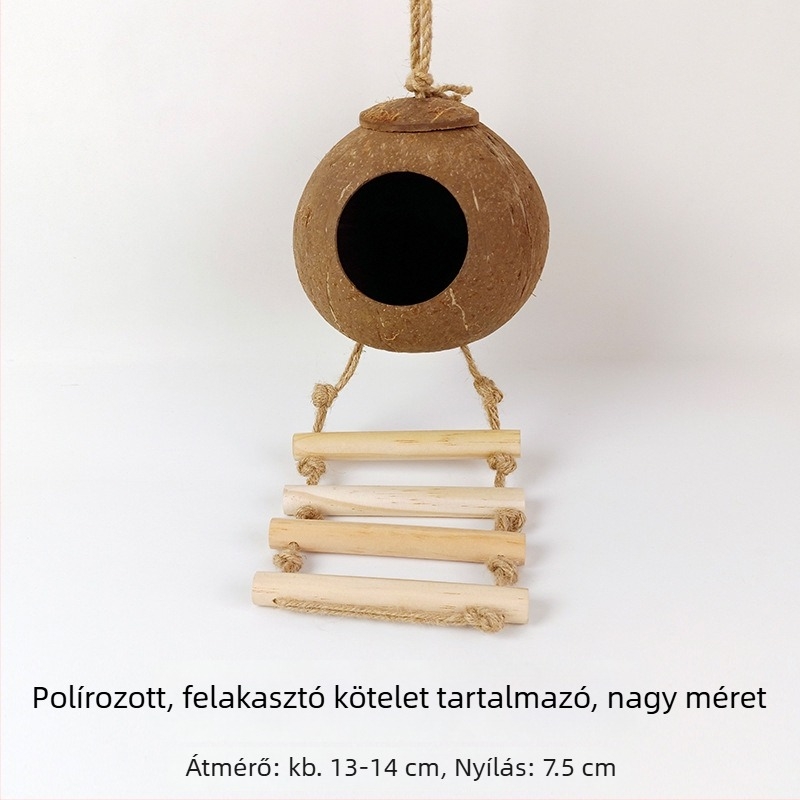 Kókuszdióhéjból készült madárfészek kis madarak számára; fűből szőtt meleg fészek; madárjátékok és kiegészítők