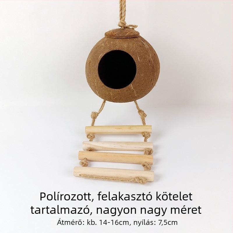 Kókuszdióhéjból készült madárfészek kis madarak számára; fűből szőtt meleg fészek; madárjátékok és kiegészítők