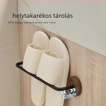 Diófa fürdőszobai papucs tartó, fúrás nélküli falra szerelhető, egylépcsős tároló