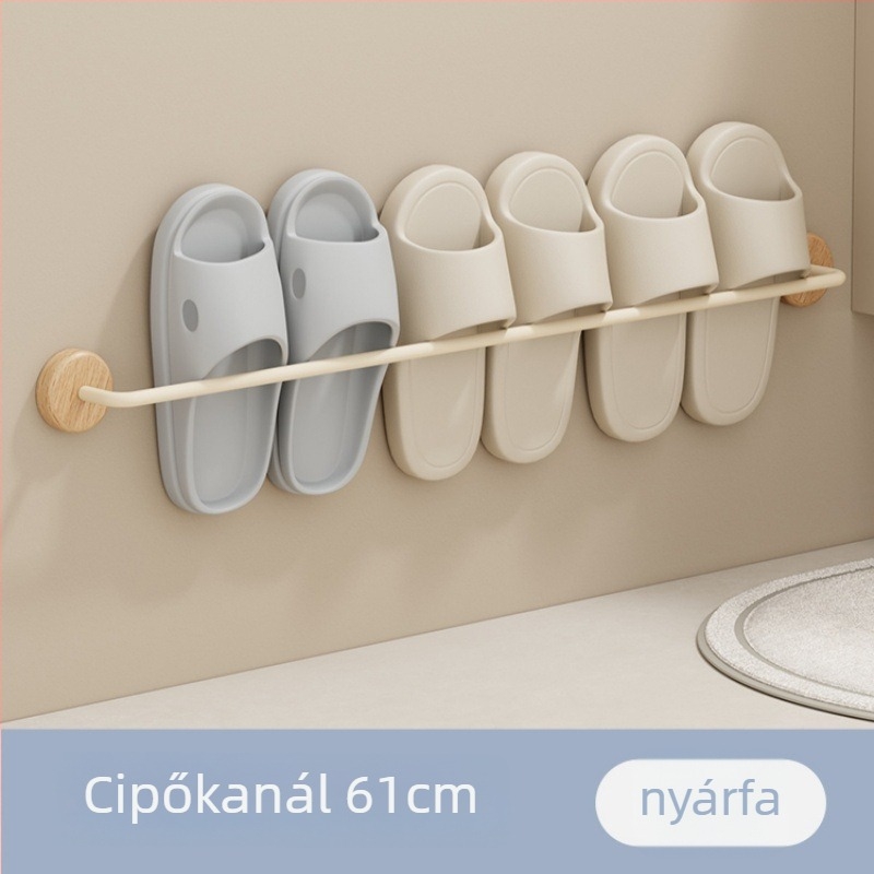 Diófa fürdőszobai papucs tartó, fúrás nélküli falra szerelhető, egylépcsős tároló
