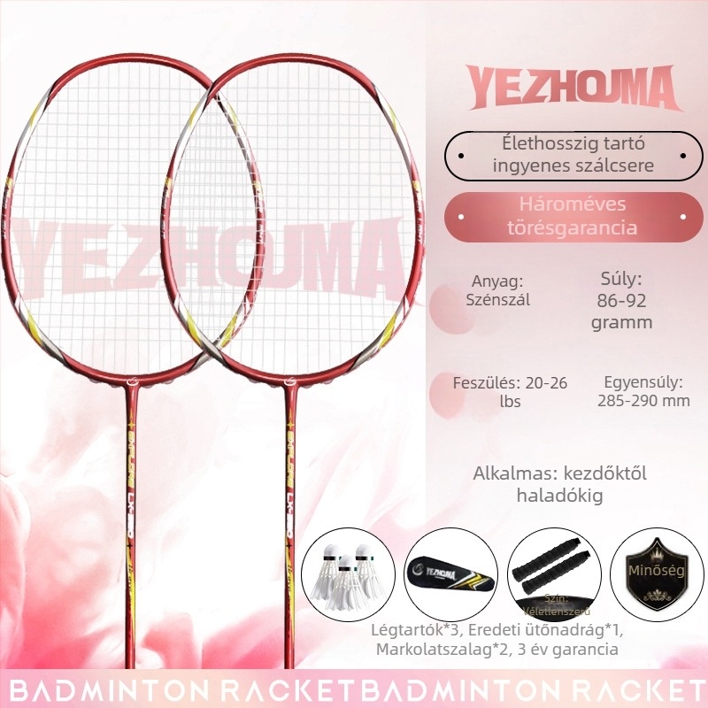 Badminton ütő készlet szénszálas kerettel és nylon húrokkal, felnőtteknek, egyes és páros játék, közepes merevség