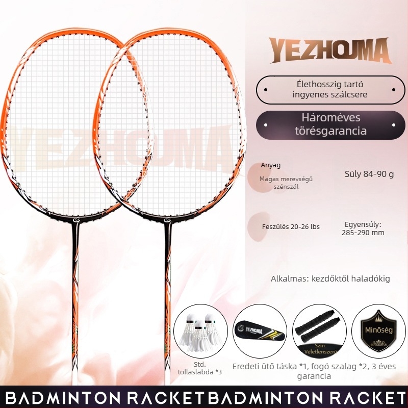 Badminton ütő készlet szénszálas kerettel és nylon húrokkal, felnőtteknek, egyes és páros játék, közepes merevség
