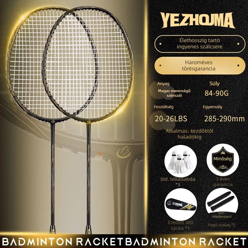 Badminton ütő készlet szénszálas kerettel és nylon húrokkal, felnőtteknek, egyes és páros játék, közepes merevség