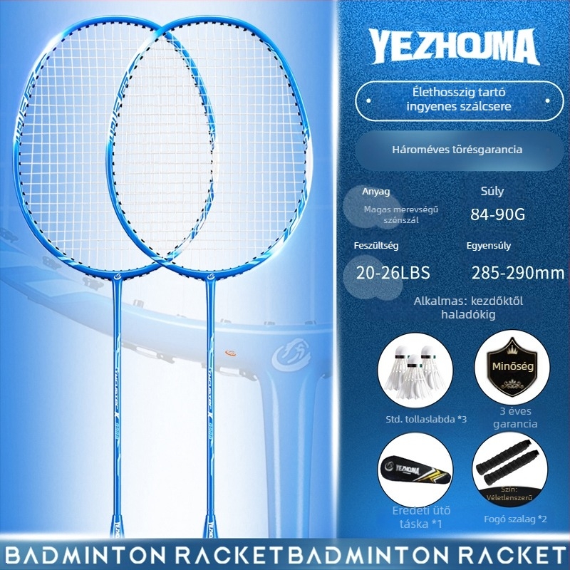 Badminton ütő készlet szénszálas kerettel és nylon húrokkal, felnőtteknek, egyes és páros játék, közepes merevség