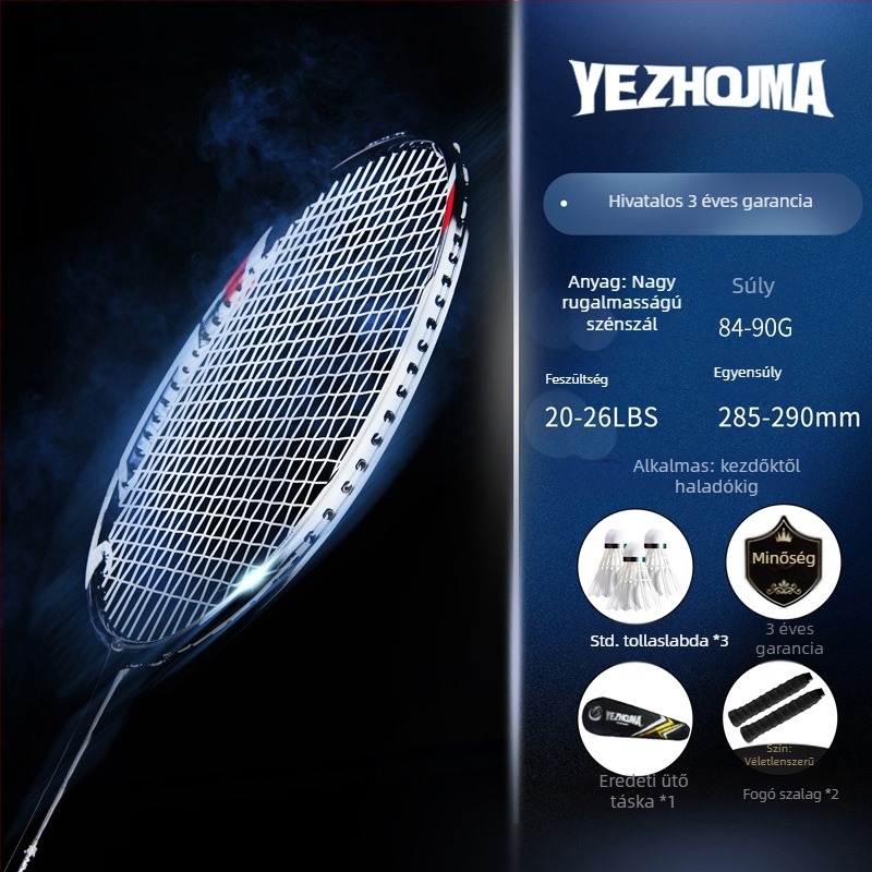 Badminton ütő készlet szénszálas kerettel és nylon húrokkal, felnőtteknek, egyes és páros játék, közepes merevség