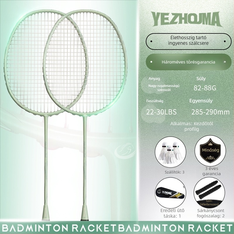Badminton ütő készlet szénszálas kerettel és nylon húrokkal, felnőtteknek, egyes és páros játék, közepes merevség