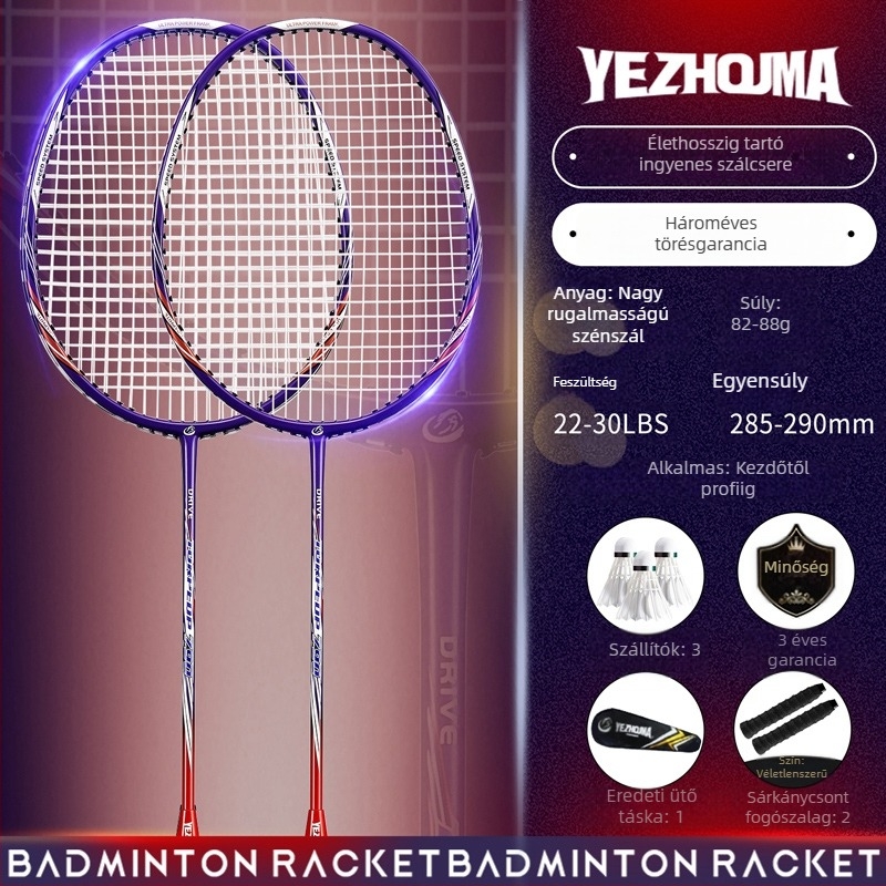 Badminton ütő készlet szénszálas kerettel és nylon húrokkal, felnőtteknek, egyes és páros játék, közepes merevség