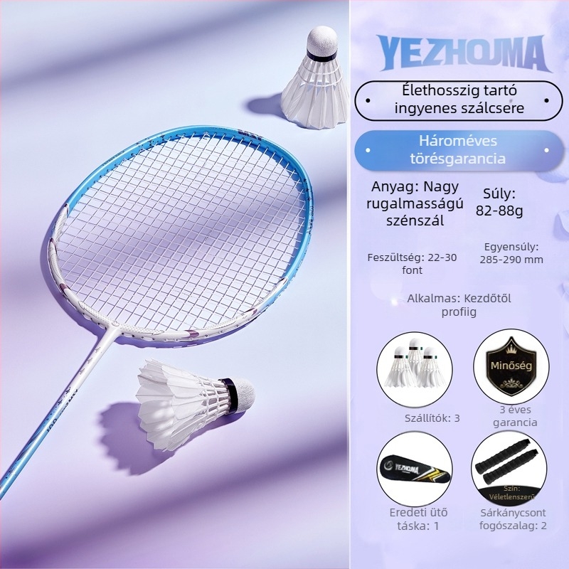 Badminton ütő készlet szénszálas kerettel és nylon húrokkal, felnőtteknek, egyes és páros játék, közepes merevség