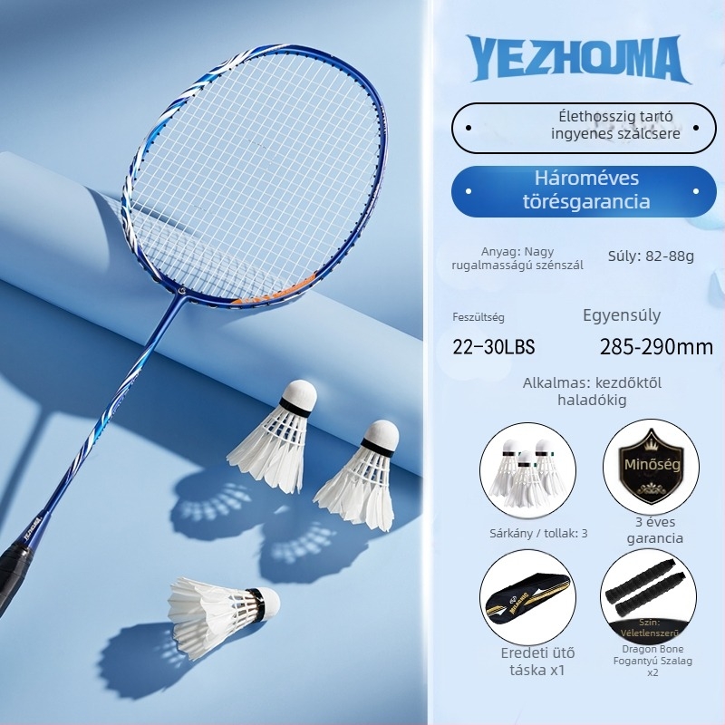 Badminton ütő készlet szénszálas kerettel és nylon húrokkal, felnőtteknek, egyes és páros játék, közepes merevség
