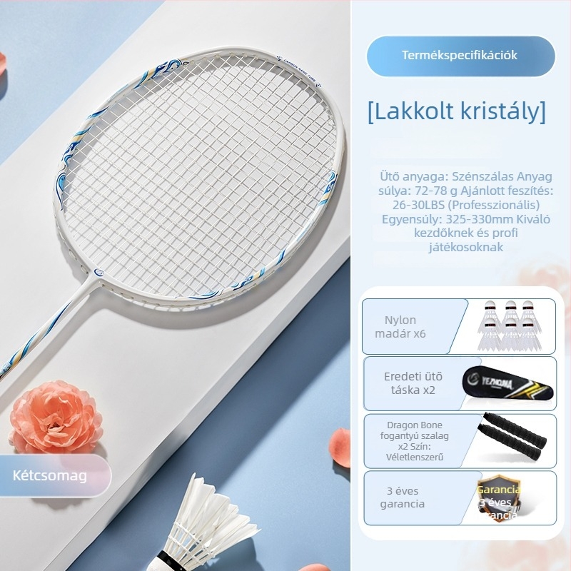 Badminton ütő készlet szénszálas kerettel és nylon húrokkal, felnőtteknek, egyes és páros játék, közepes merevség