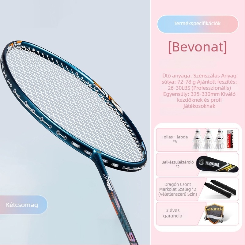 Badminton ütő készlet szénszálas kerettel és nylon húrokkal, felnőtteknek, egyes és páros játék, közepes merevség