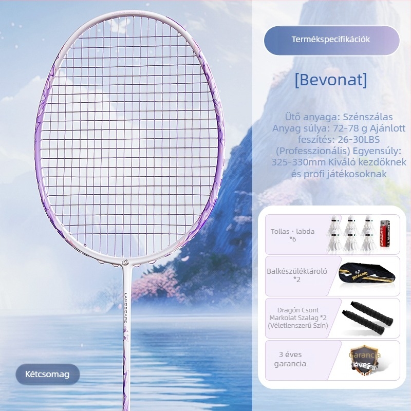 Badminton ütő készlet szénszálas kerettel és nylon húrokkal, felnőtteknek, egyes és páros játék, közepes merevség