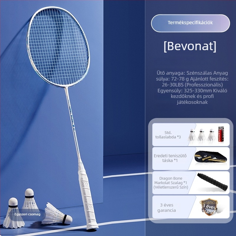 Badminton ütő készlet szénszálas kerettel és nylon húrokkal, felnőtteknek, egyes és páros játék, közepes merevség