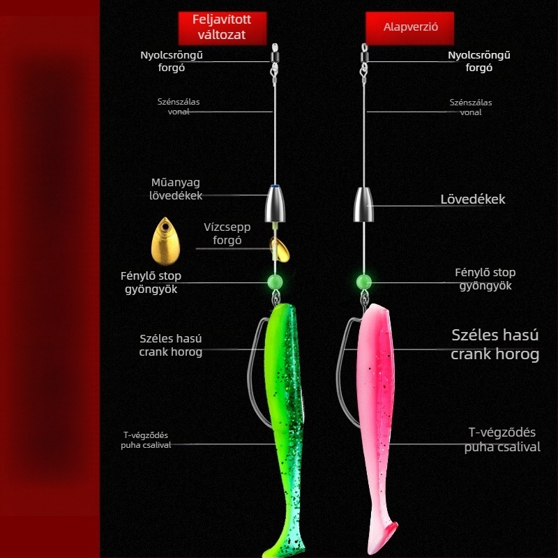 Texas rig horgász készlet crank típusú horogokkal, ólomos fejű horogokkal, horog No. 1, összekötött zsinórral és T-alakú puha csalival
