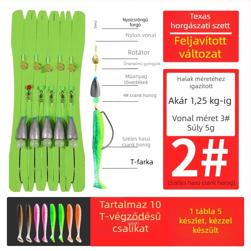 Texas rig horgász készlet crank típusú horogokkal, ólomos fejű horogokkal, horog No. 1, összekötött zsinórral és T-alakú puha csalival