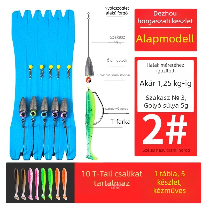 Texas rig horgász készlet crank típusú horogokkal, ólomos fejű horogokkal, horog No. 1, összekötött zsinórral és T-alakú puha csalival