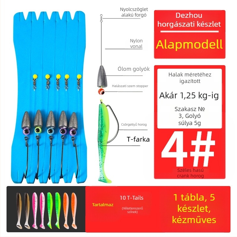 Texas rig horgász készlet crank típusú horogokkal, ólomos fejű horogokkal, horog No. 1, összekötött zsinórral és T-alakú puha csalival