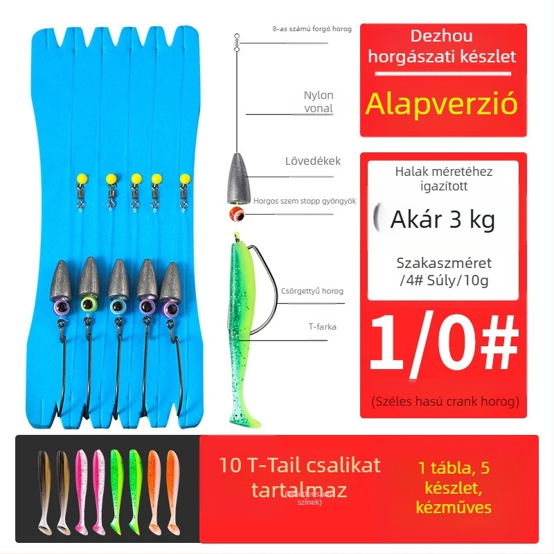 Texas rig horgász készlet crank típusú horogokkal, ólomos fejű horogokkal, horog No. 1, összekötött zsinórral és T-alakú puha csalival
