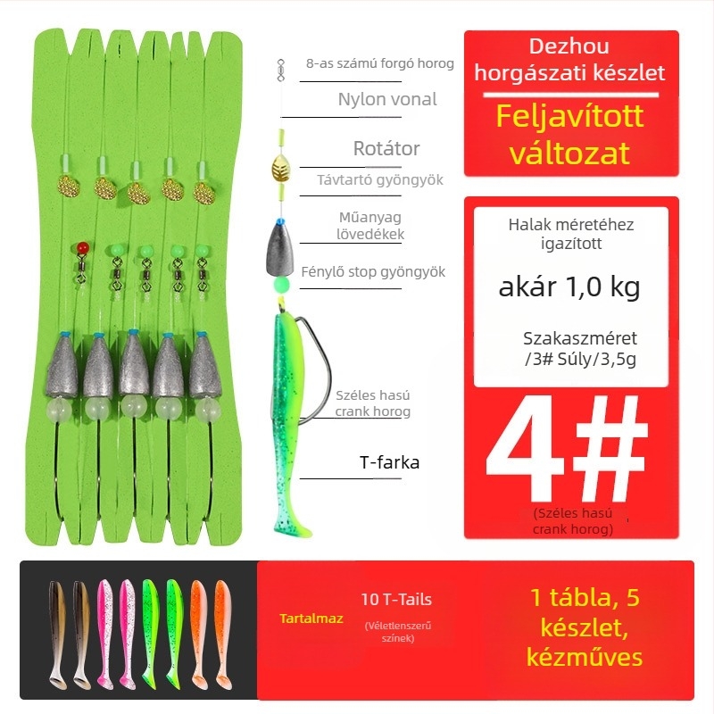 Texas rig horgász készlet crank típusú horogokkal, ólomos fejű horogokkal, horog No. 1, összekötött zsinórral és T-alakú puha csalival