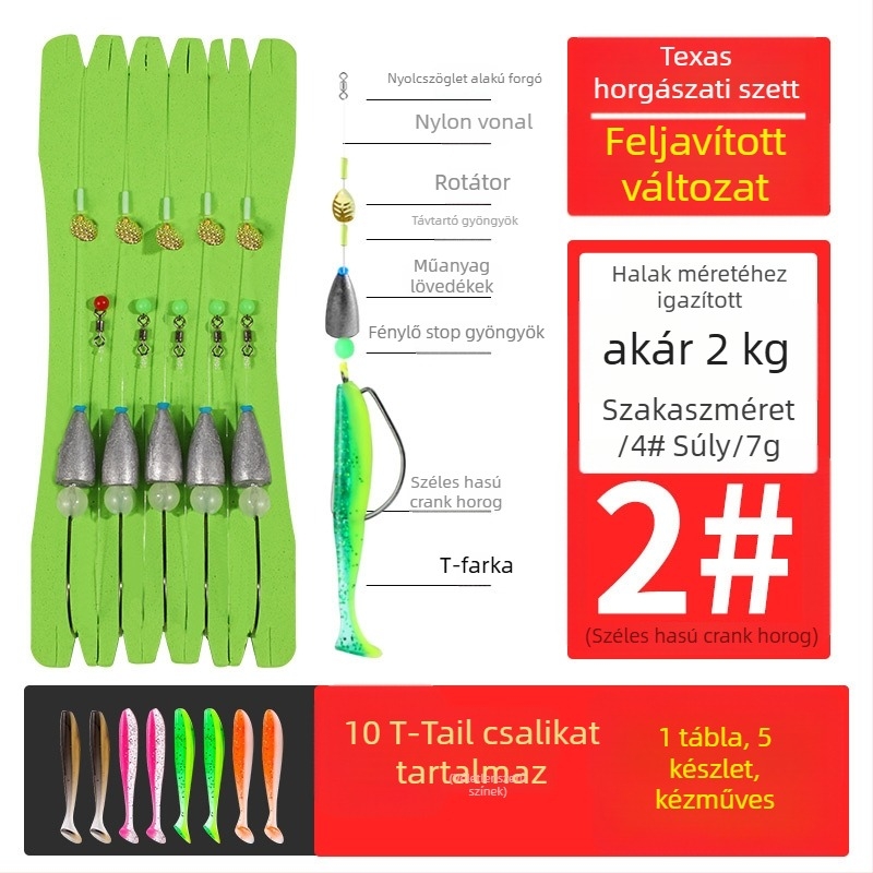 Texas rig horgász készlet crank típusú horogokkal, ólomos fejű horogokkal, horog No. 1, összekötött zsinórral és T-alakú puha csalival