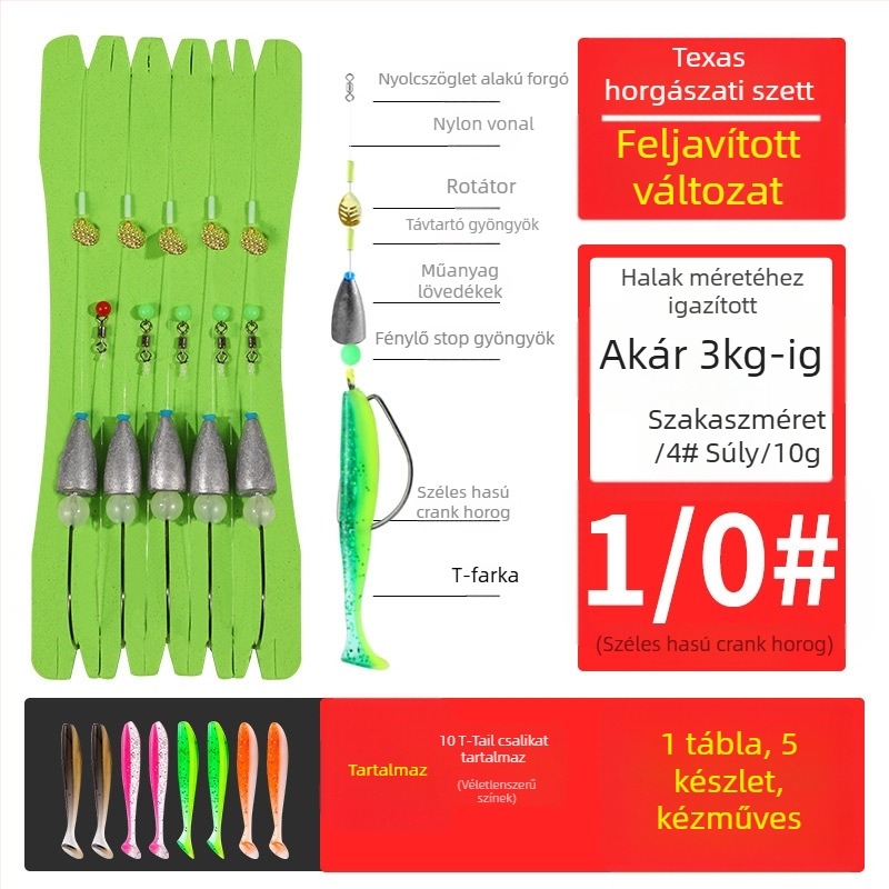 Texas rig horgász készlet crank típusú horogokkal, ólomos fejű horogokkal, horog No. 1, összekötött zsinórral és T-alakú puha csalival