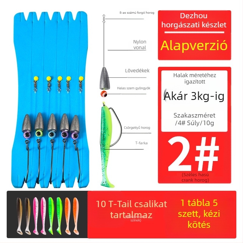 Texas rig horgász készlet crank típusú horogokkal, ólomos fejű horogokkal, horog No. 1, összekötött zsinórral és T-alakú puha csalival