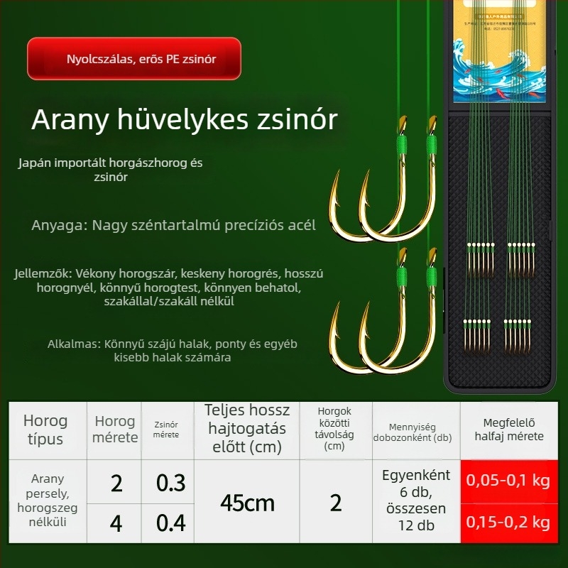 Előre kötött PE-sor kettős horgokkal, arany hüvely, Ise-Ni horogokkal, készlet