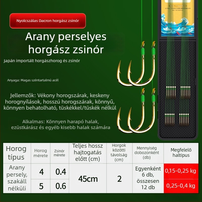 Előre kötött PE-sor kettős horgokkal, arany hüvely, Ise-Ni horogokkal, készlet