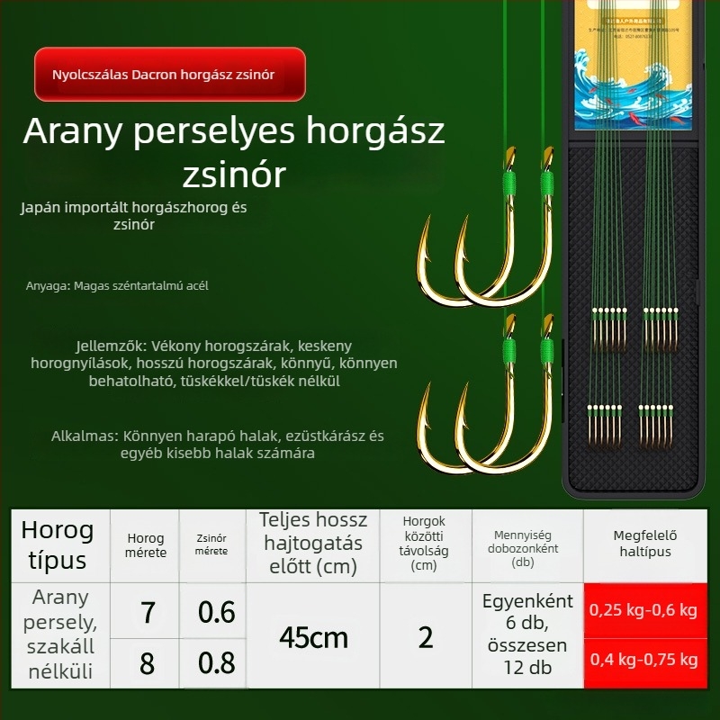 Előre kötött PE-sor kettős horgokkal, arany hüvely, Ise-Ni horogokkal, készlet