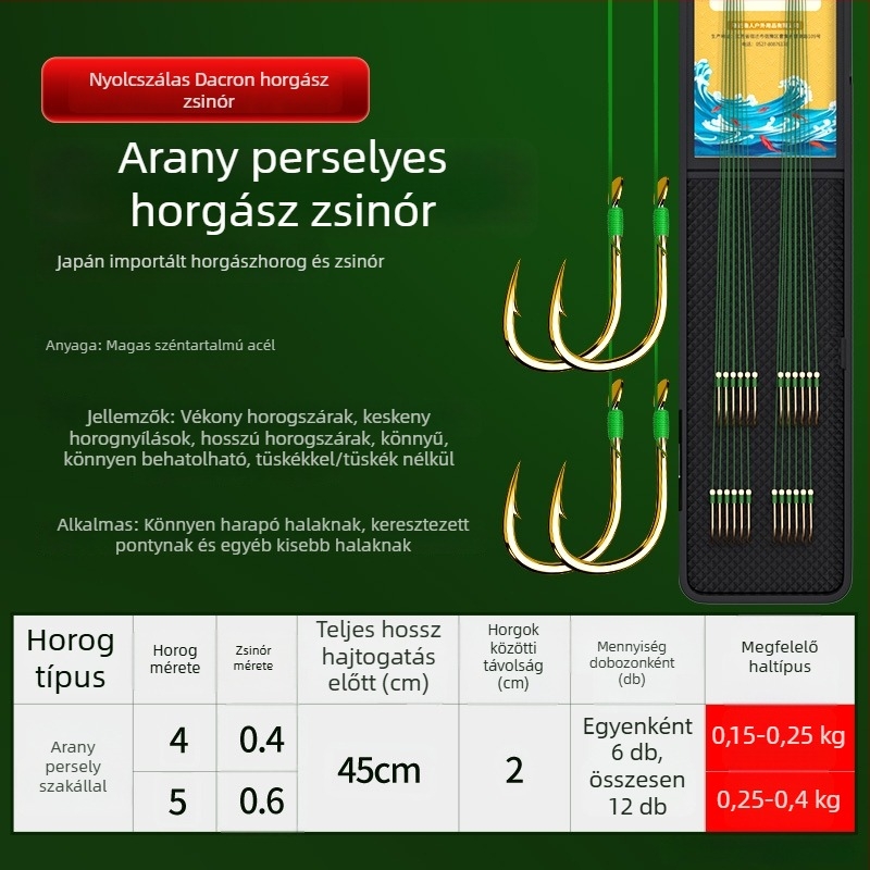 Előre kötött PE-sor kettős horgokkal, arany hüvely, Ise-Ni horogokkal, készlet