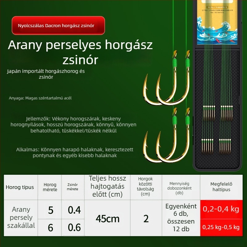 Előre kötött PE-sor kettős horgokkal, arany hüvely, Ise-Ni horogokkal, készlet