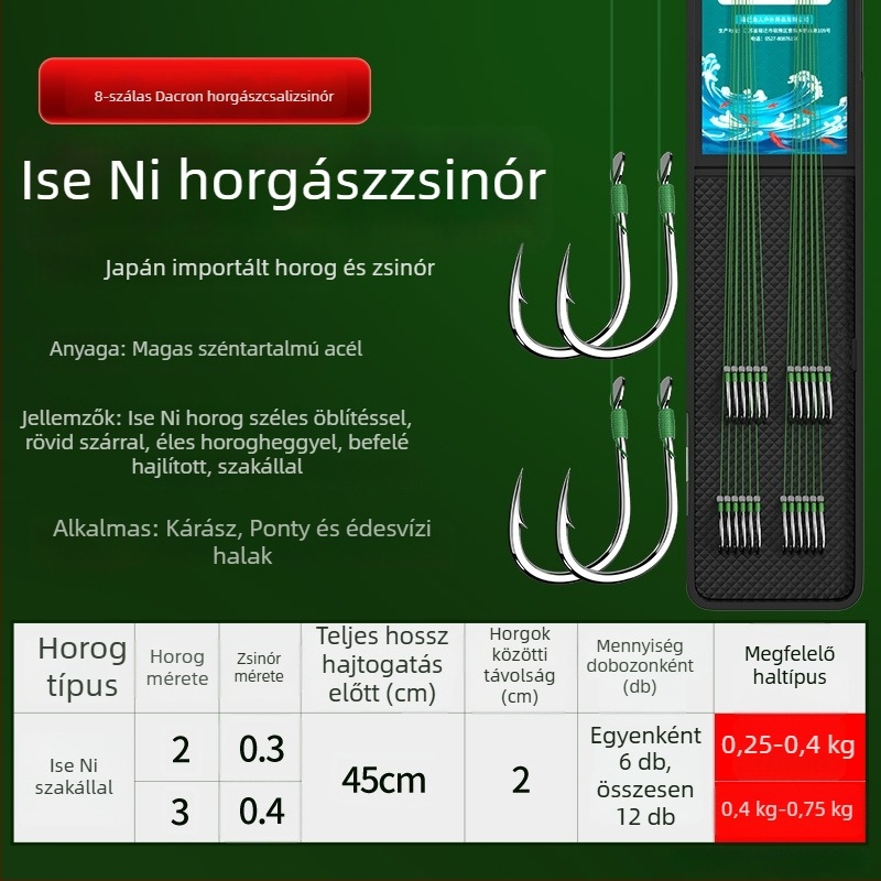 Előre kötött PE-sor kettős horgokkal, arany hüvely, Ise-Ni horogokkal, készlet