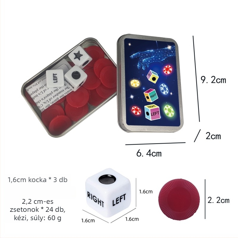 Left Center Right LRC Dice Set – akril kockák, lekerekített sarkok, testreszabható doboz, kártyajáték és társasjátékhoz