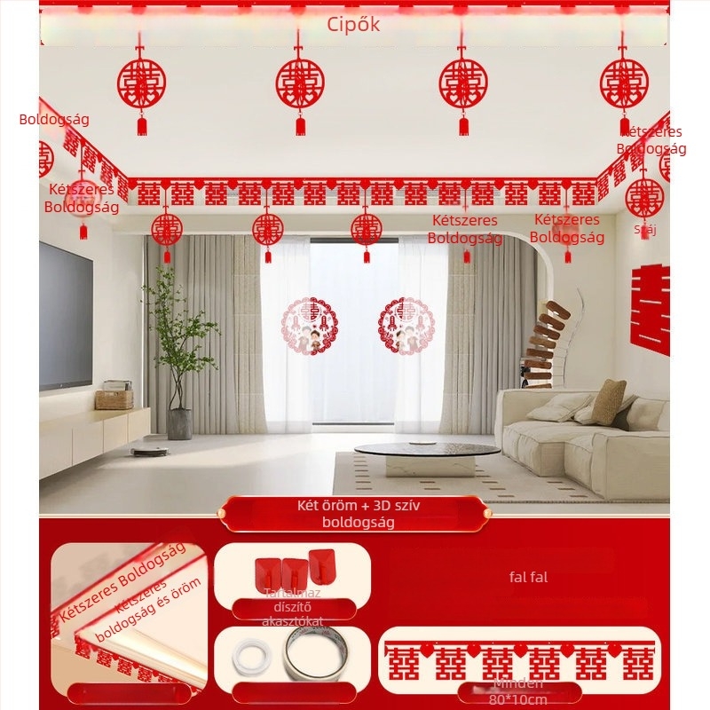 Esküvői nappali dekorációs készlet Xi karakterű girlanddal és mennyezeti függönnyel (nem szőtt anyag, szalag)