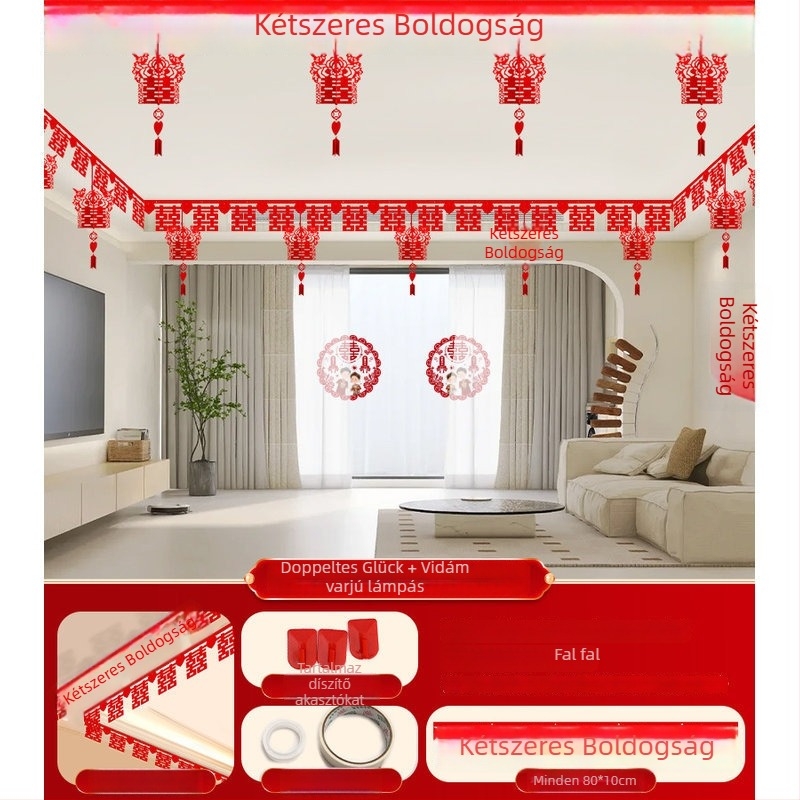Esküvői nappali dekorációs készlet Xi karakterű girlanddal és mennyezeti függönnyel (nem szőtt anyag, szalag)