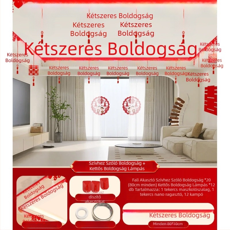 Esküvői nappali dekorációs készlet Xi karakterű girlanddal és mennyezeti függönnyel (nem szőtt anyag, szalag)