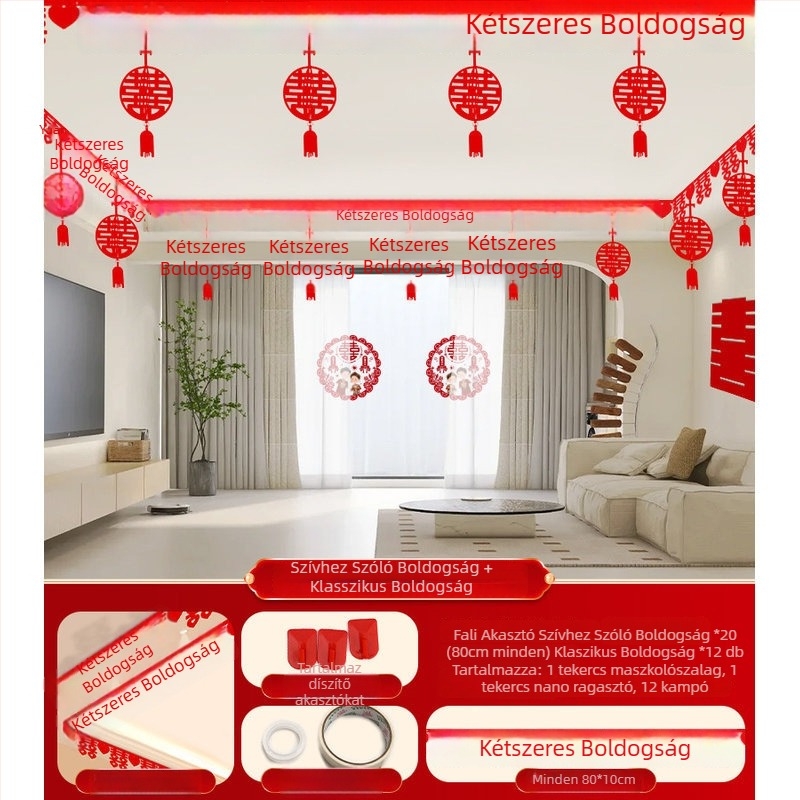 Esküvői nappali dekorációs készlet Xi karakterű girlanddal és mennyezeti függönnyel (nem szőtt anyag, szalag)