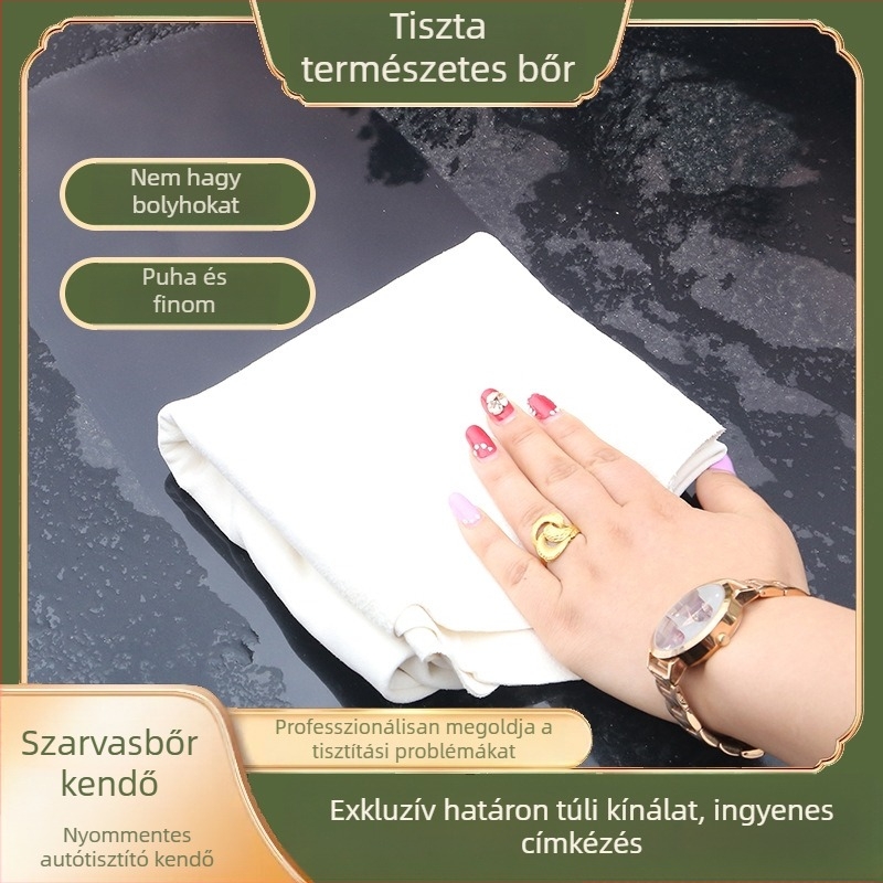 Valódi bőr autótisztító törlő, velúr textúrájú üveg törlő kendő, szálmentes, vízfelvevő, prémium minőségű autómosó kendő