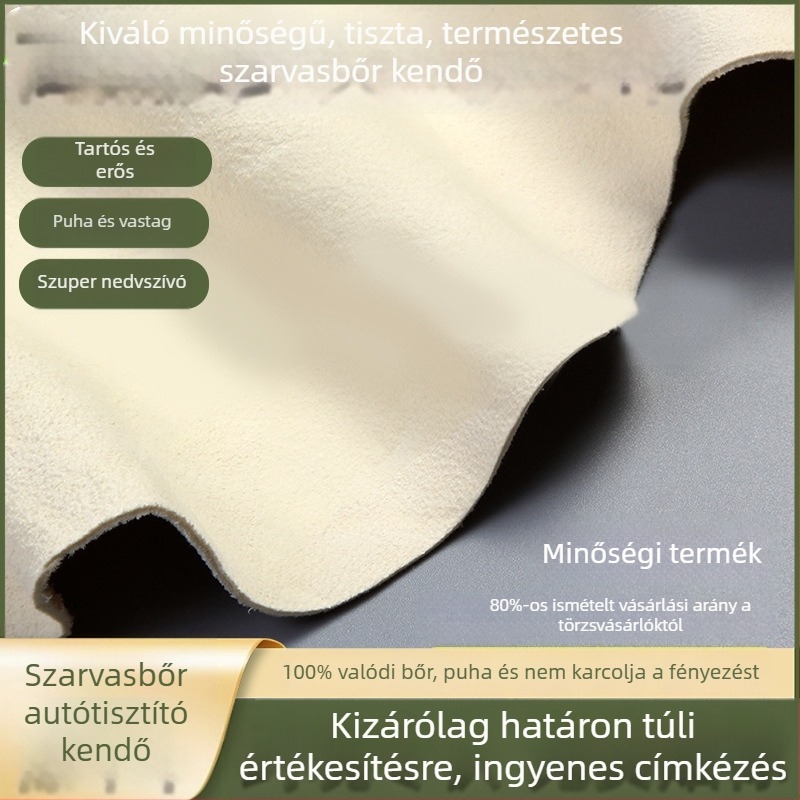 Valódi bőr autótisztító törlő, velúr textúrájú üveg törlő kendő, szálmentes, vízfelvevő, prémium minőségű autómosó kendő
