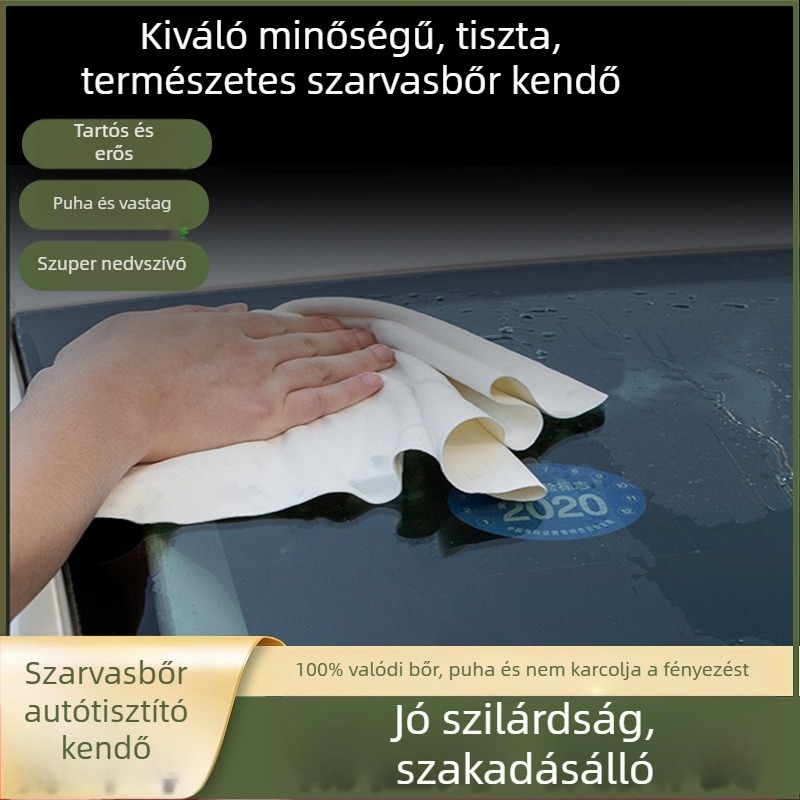 Valódi bőr autótisztító törlő, velúr textúrájú üveg törlő kendő, szálmentes, vízfelvevő, prémium minőségű autómosó kendő