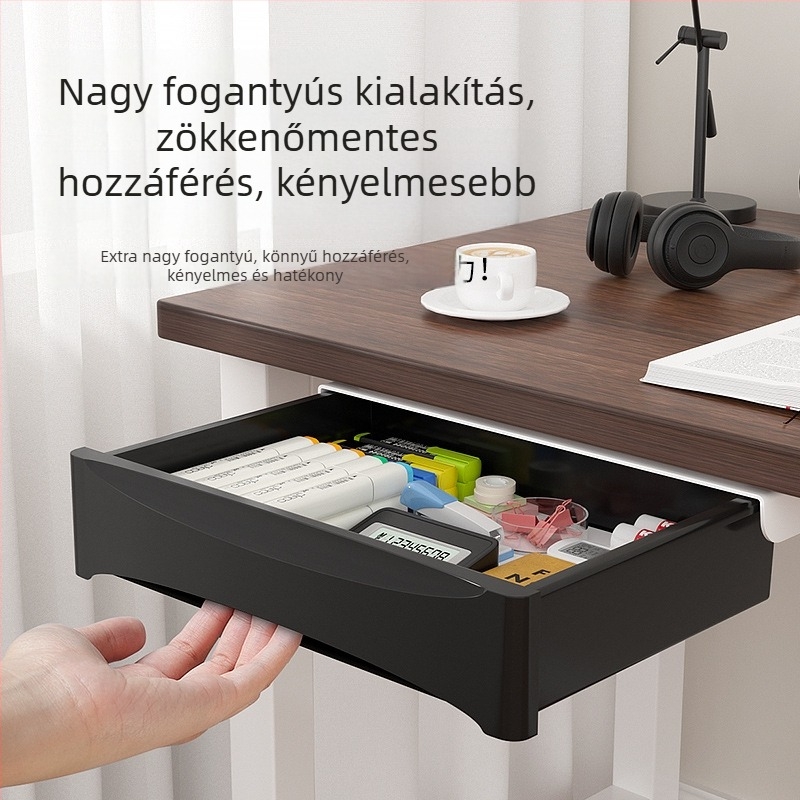Íróasztal alatti rejtett tároló fiók ragasztóval, fúrás nélkül, kihúzható asztali rendező