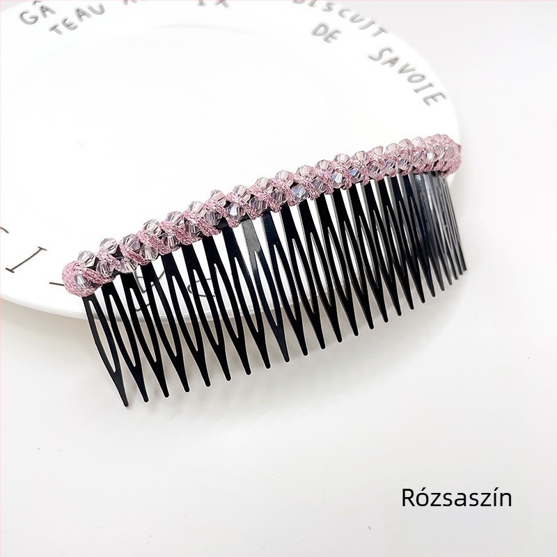 Kristály hajcsat rózsakvarccal, koreai stílusú geometriai forma, szövött felület